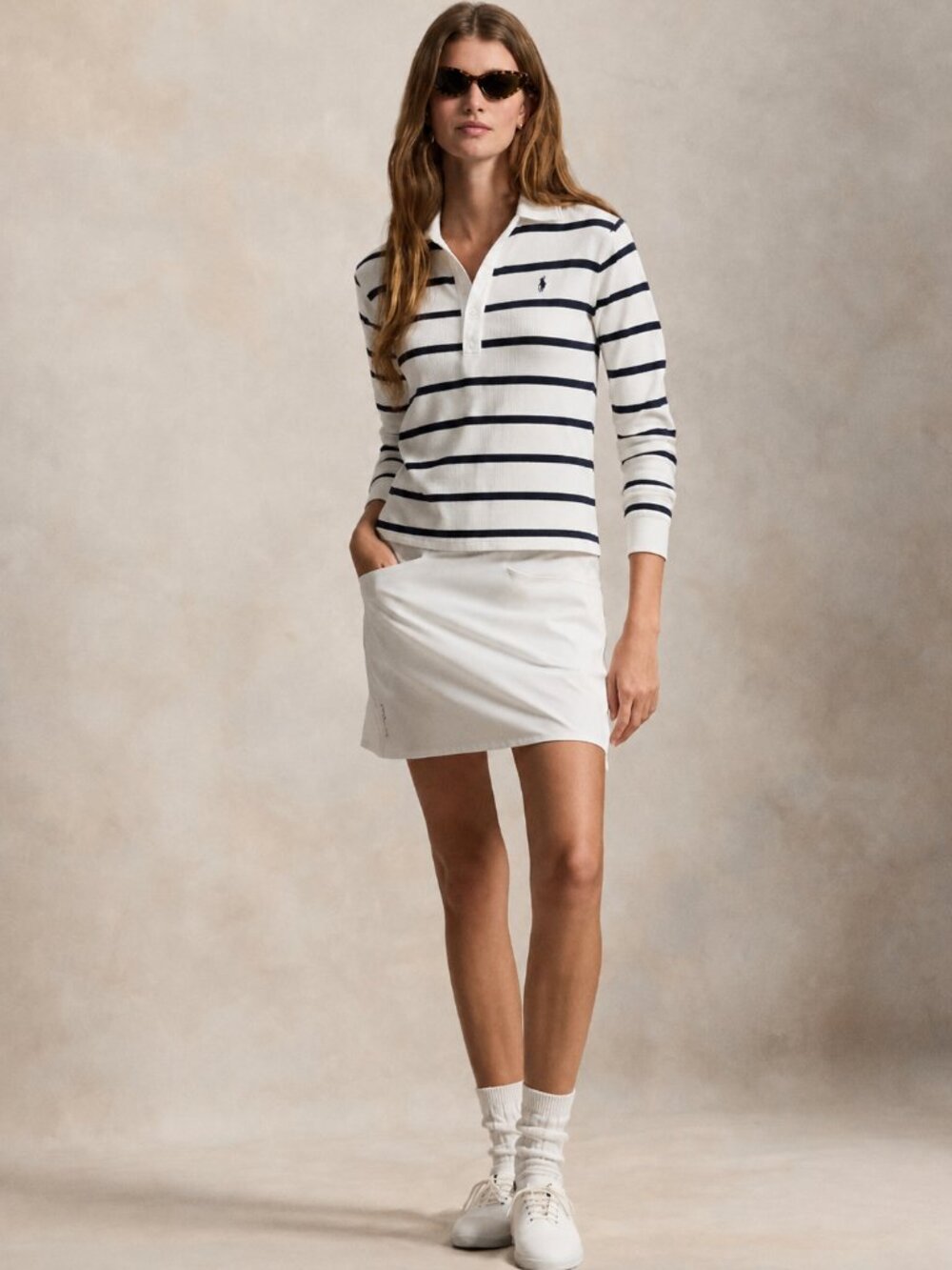 Polo Ralph Lauren Cream Navy Stripe Long Sleeve Polo Top Small